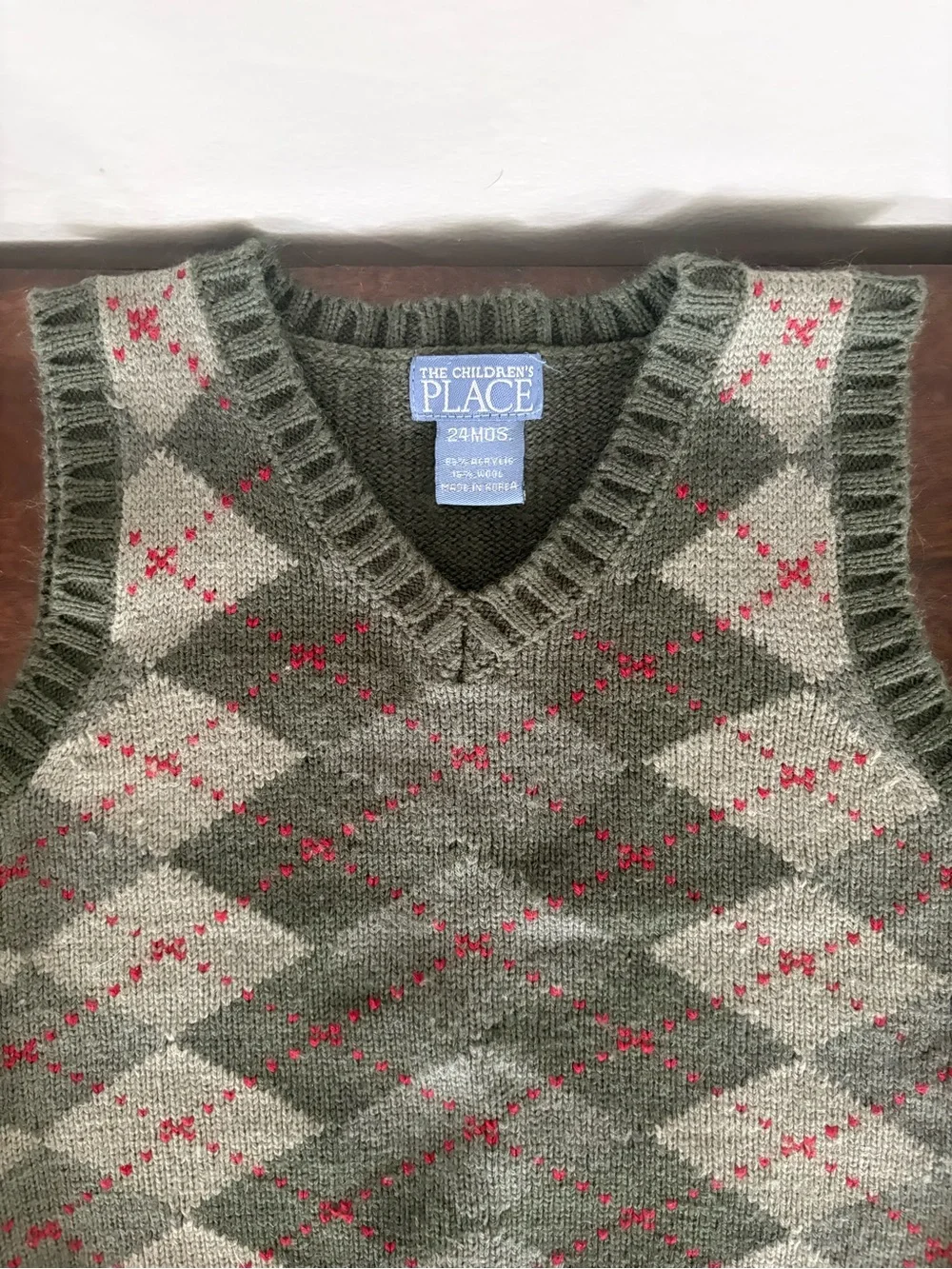 The Children's Place Olive Argyle V-Neck Sweater Vest with Red Accents